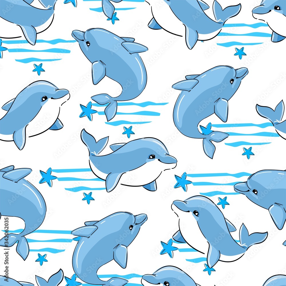Dolphin print seamless texture for textile, fabric, swimsuit. Marine theme, ocean. Summer graphic design pattern with cute fishes. Vector. Dolphin print seamless texture for textile, fabric, swimsuit. Marine theme, ocean. Summer graphic design pattern with cute fishes. Vector.