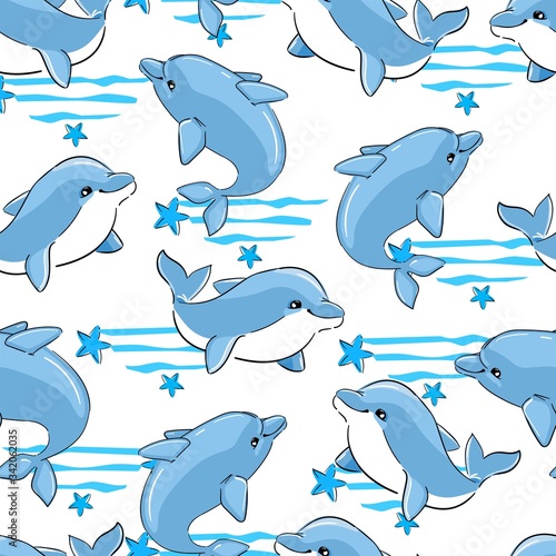 Dolphin print seamless texture for textile, fabric, swimsuit. Marine theme, ocean. Summer graphic design pattern with cute fishes. Vector.