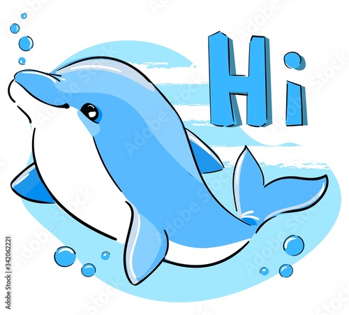 Hand drawn cute dolphin childish print design for t-shirts, swimsuit, fabric. Vector illustration. inscription - Hi.