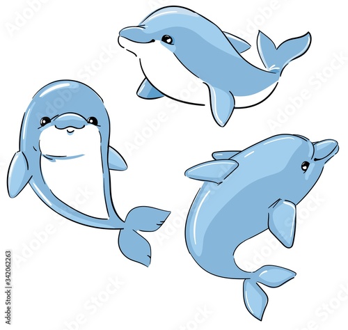 Set of cute dolphins isolated on a white background. Cartoon characters vector illustration. Elements for design.