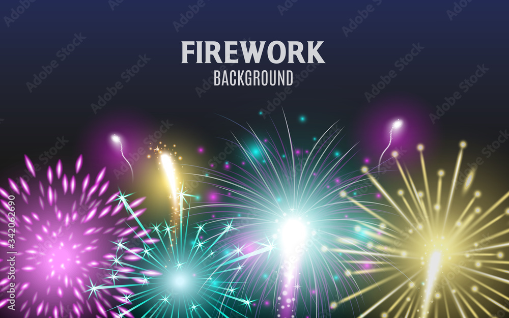 Celebration holiday banner with festive fireworks realistic vector illustration.