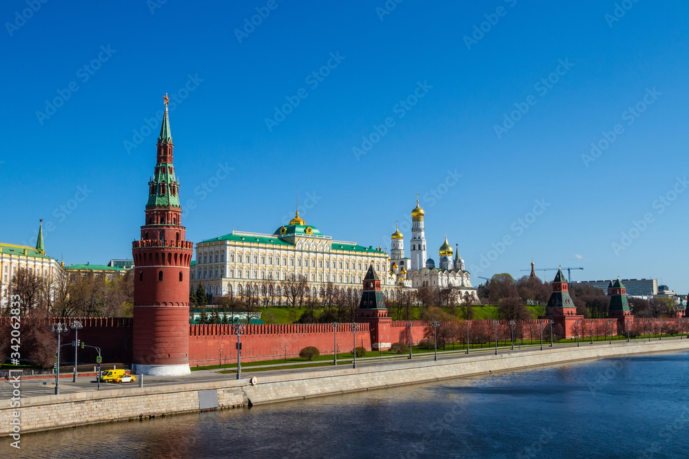 Covid-19, quarantine in Moscow, coronavirus in Russia. Empty streets without people. Self-quarantine in deserted city due to Covid virus pandemic. Kremlin embankment