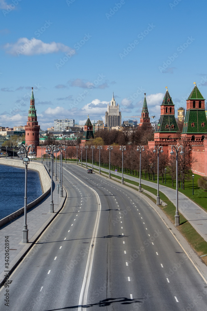 Covid-19, quarantine in Moscow, coronavirus in Russia. Empty streets without people. Self-quarantine in deserted city due to Covid virus pandemic. Kremlin embankment