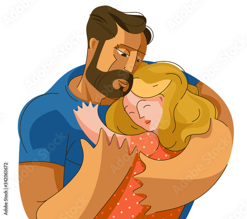 Father hugging his small daughter girl with love and care, fatherhood and parenting family lifestyle theme vector beautiful illustration. photo