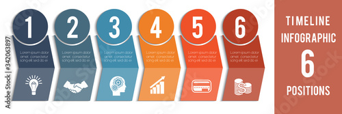 Template for  Infographic. Timeline of colored arrows and numbered circles.  Design for 6 position can be used for workflow, banner, diagram, web design, area chart