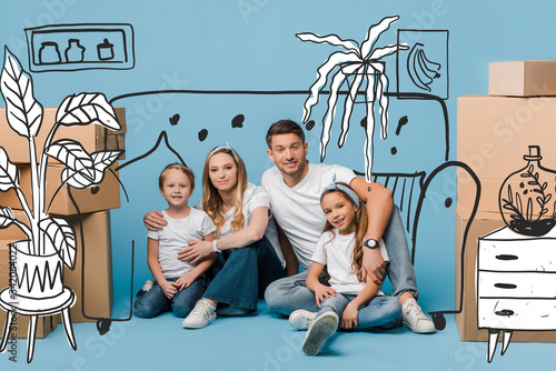 happy parents hugging kids and sitting on blue with cardboard boxes for relocation, interior illustration