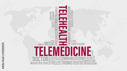 Telemedicine vs Telehealth Word Cloud on world map. Health background concept.