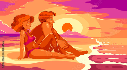 Pretty young couple on sundown evening sea shore beach calm relaxing and rest looking to the sea, attractive man and woman on nature.