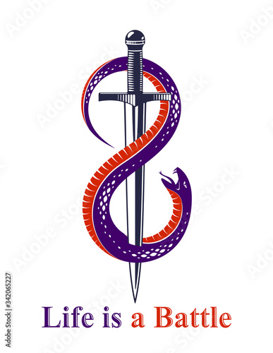 Dagger kills a Snake, defeated Serpent wraps around a sword vector vintage tattoo, Life is a Fight concept, life is no bed of roses, allegorical logo or emblem of ancient symbol.