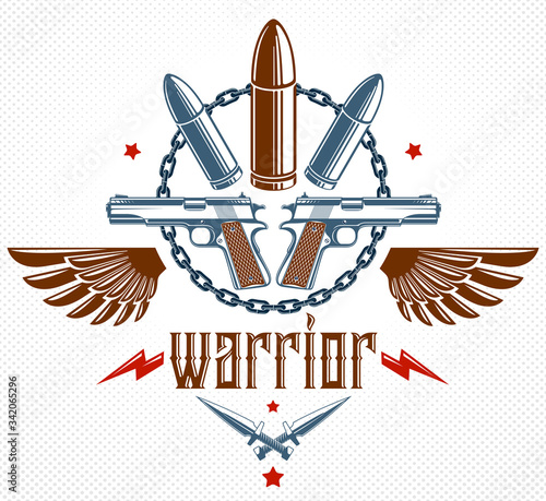 Bullets and guns vector emblem of Revolution and War, logo or tattoo with lots of different design elements, anarchy and chaos concept, criminal and gangster style, social tension theme.