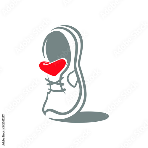 Running shoe heart symbol on white backdrop. Loving sport concept. Design element