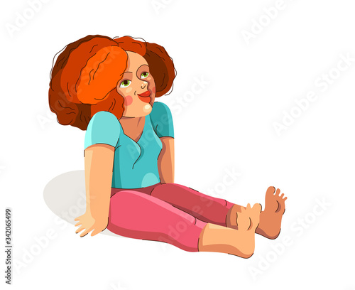 Cute adorable happy woman sitting barefoot on a ground isolated on white, enjoy every moment of life concept, allow yourself to dream, rest and calm, ease and laze.