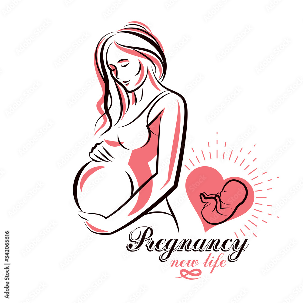 Elegant pregnant woman body silhouette drawing. Vector illustration of mother-to-be fondles her belly. Maternity ward marketing poster Elegant pregnant woman body silhouette drawing. Vector illustration of mother-to-be fondles her belly. Maternity ward marketing poster