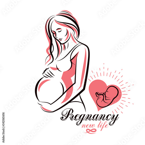 Elegant pregnant woman body silhouette drawing. Vector illustration of mother-to-be fondles her belly. Maternity ward marketing poster