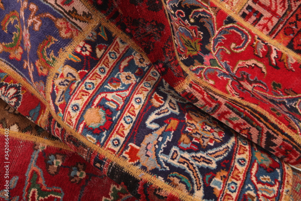 Old and modern Persian Colourful Arabesque and handmade carpet, rug gelim, patchwork, and Gabbeh with the pattern.