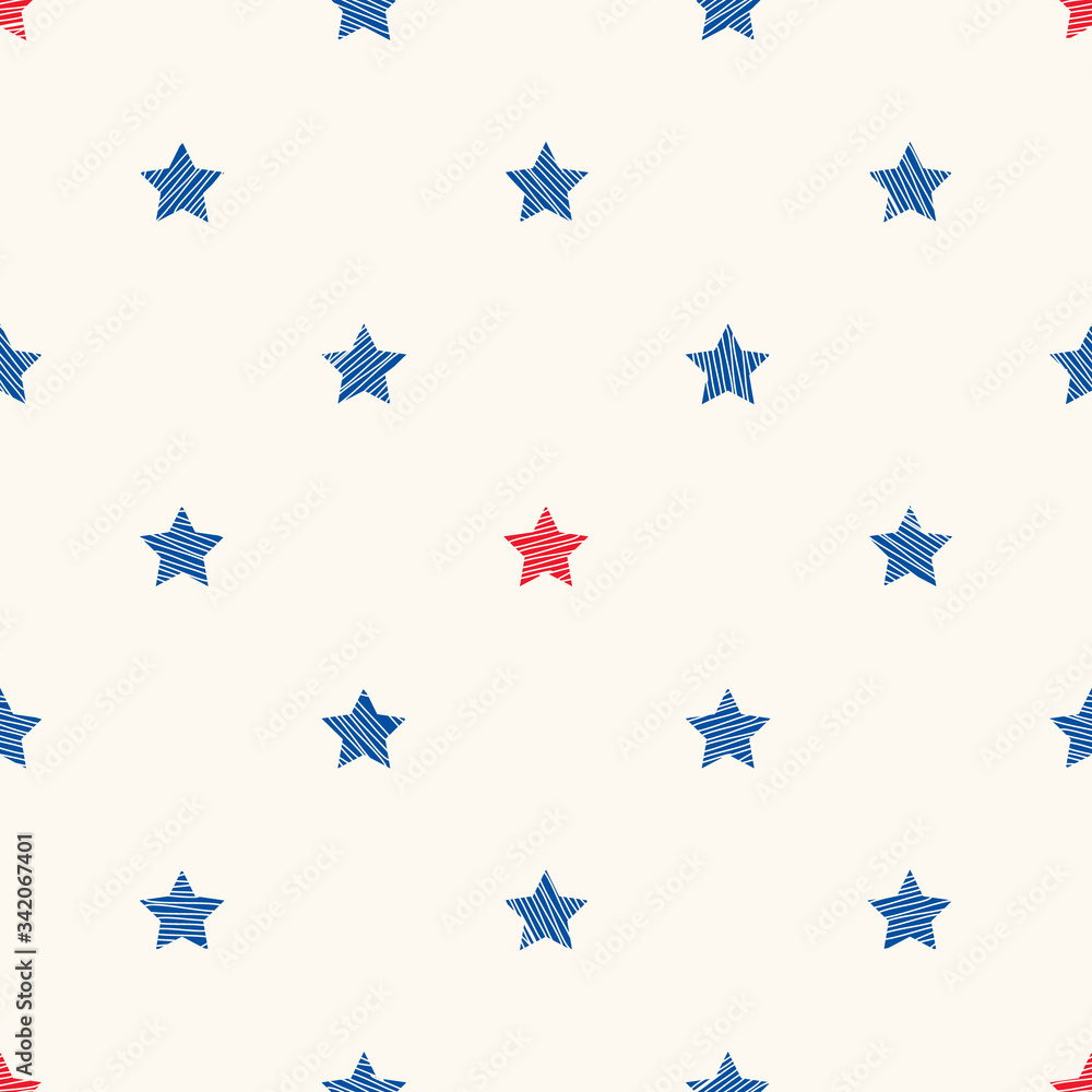 Seamless vector geometric pattern with red and blue stars. Happy Independence Day background. 4th of July background for greeting cards, holiday banners, labels, prints, web pages