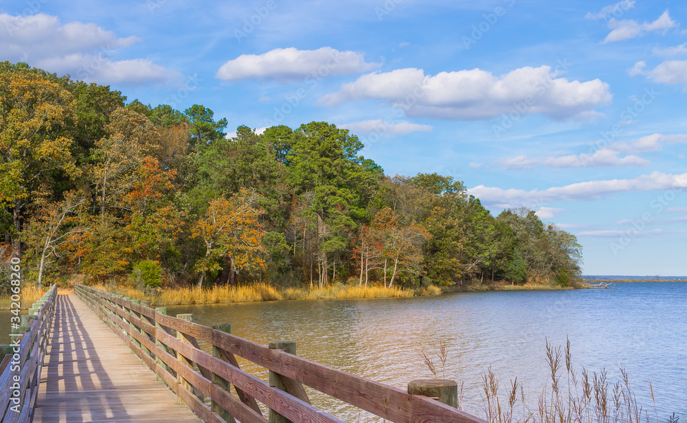 Fototapeta premium A bridge crossing the water during the start of autumn along the banks of the Chesapeake Bay