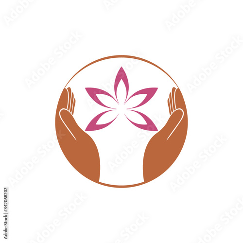 Logo design for spa salon with hands holding a beautiful pink lotus flower isolated on white background