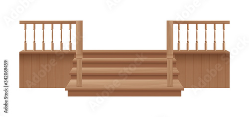 Wooden porch stairs and handrail for home entrance - realistic wood staircase