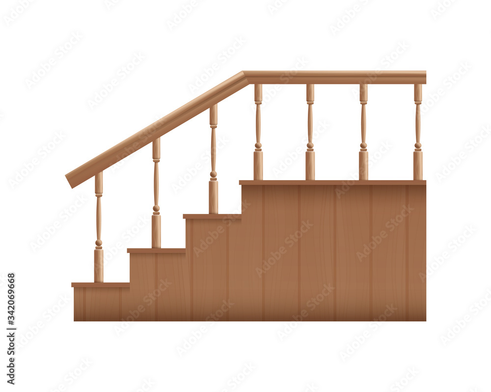 Template of wooden stairs with handrails realistic vector illustration isolated. Template of wooden stairs with handrails realistic vector illustration isolated.