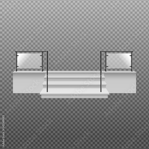 Entrance with stairs and handrail realistic vector mockup illustration isolated.