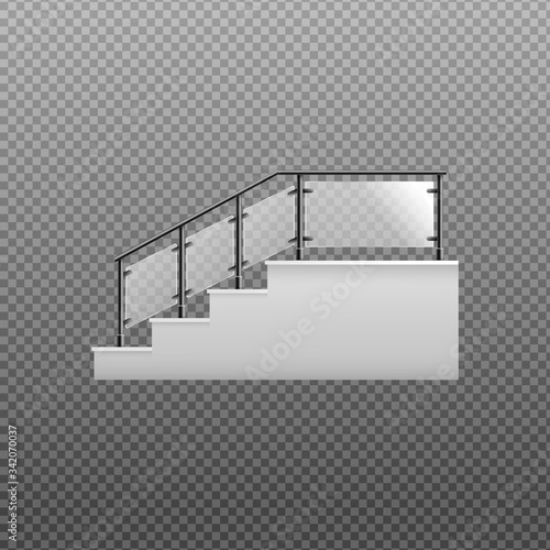 Modern white staircase with clear glass and steel handrail