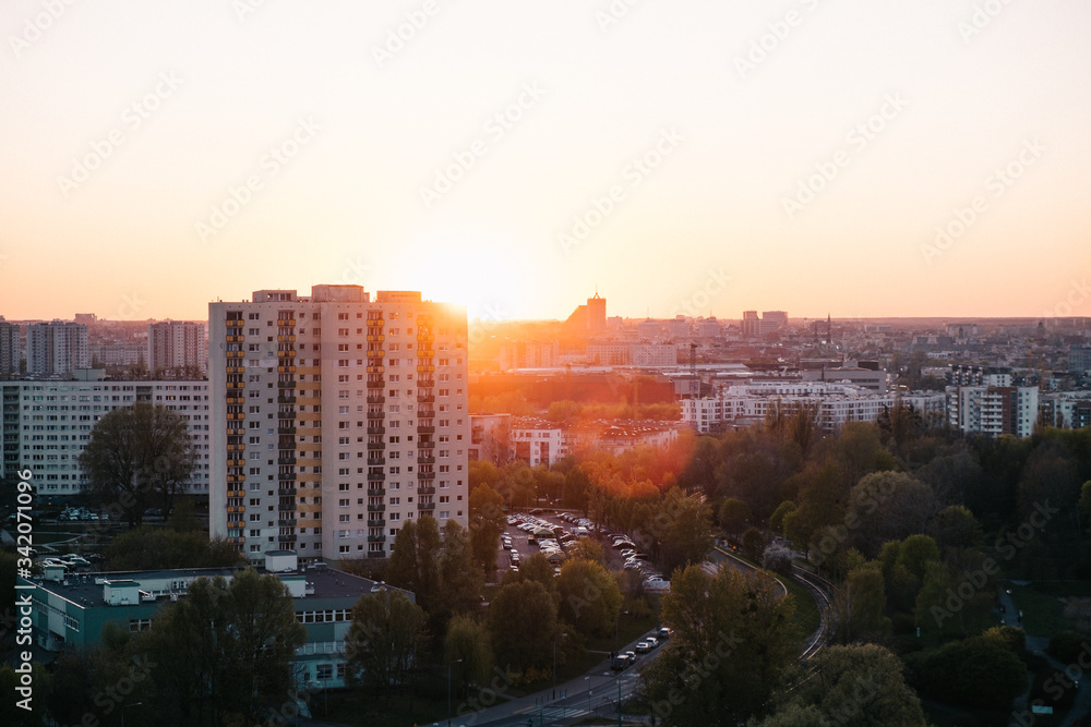 Sunset over the city, concrete blocks, panorama shot