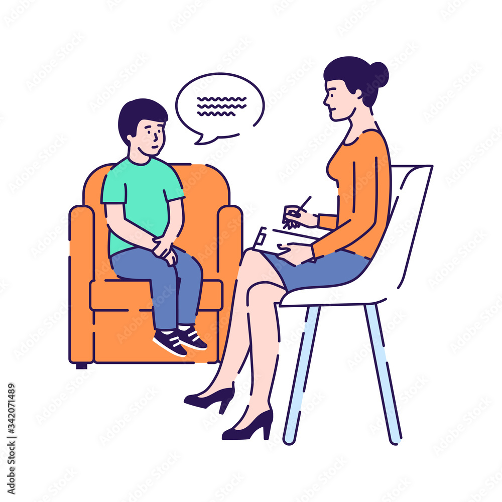 Psychologist talking to a child vector illustration. Treatment of kid stress, addictions and mental problems. Family psychology. Isolated cartoon characters on a white background
