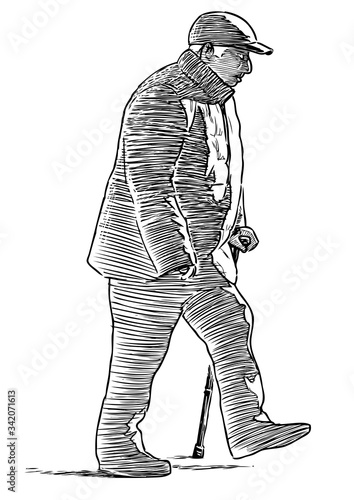 Sketch of old man with stick walking outdoor