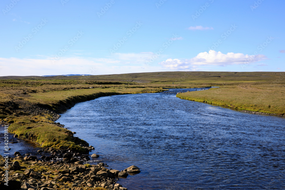 Kjolur / Iceland - August 25, 2017: Landscape with a river near the Kjolur Highland Road, Iceland, Europe