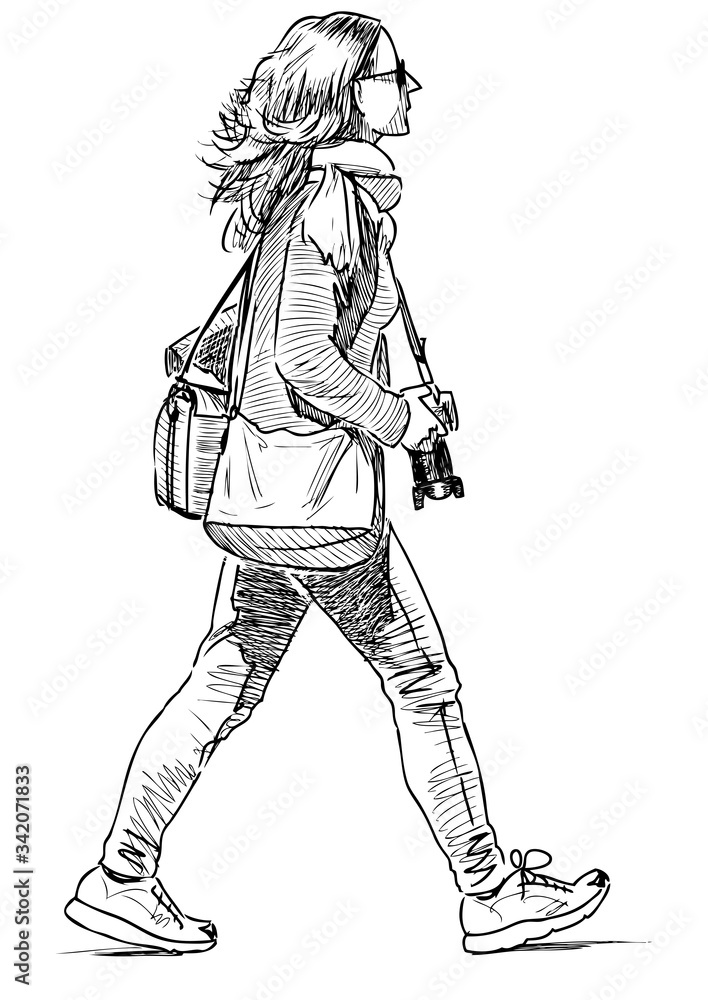 Sketch of tourist girl with camera striding along street