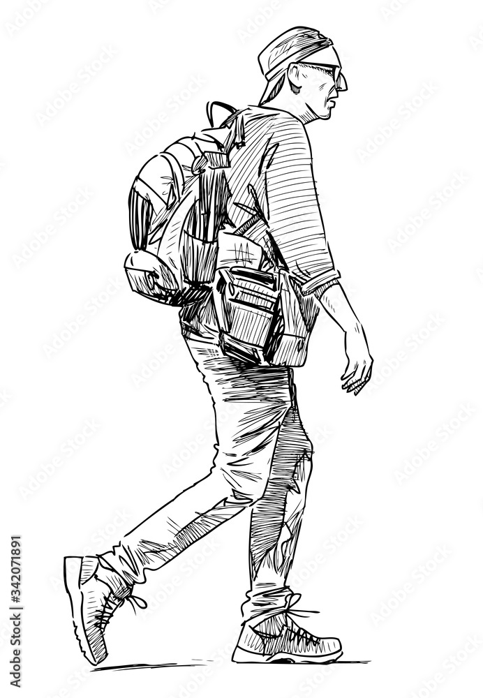 Sketch of tourist man with backpack striding along street
