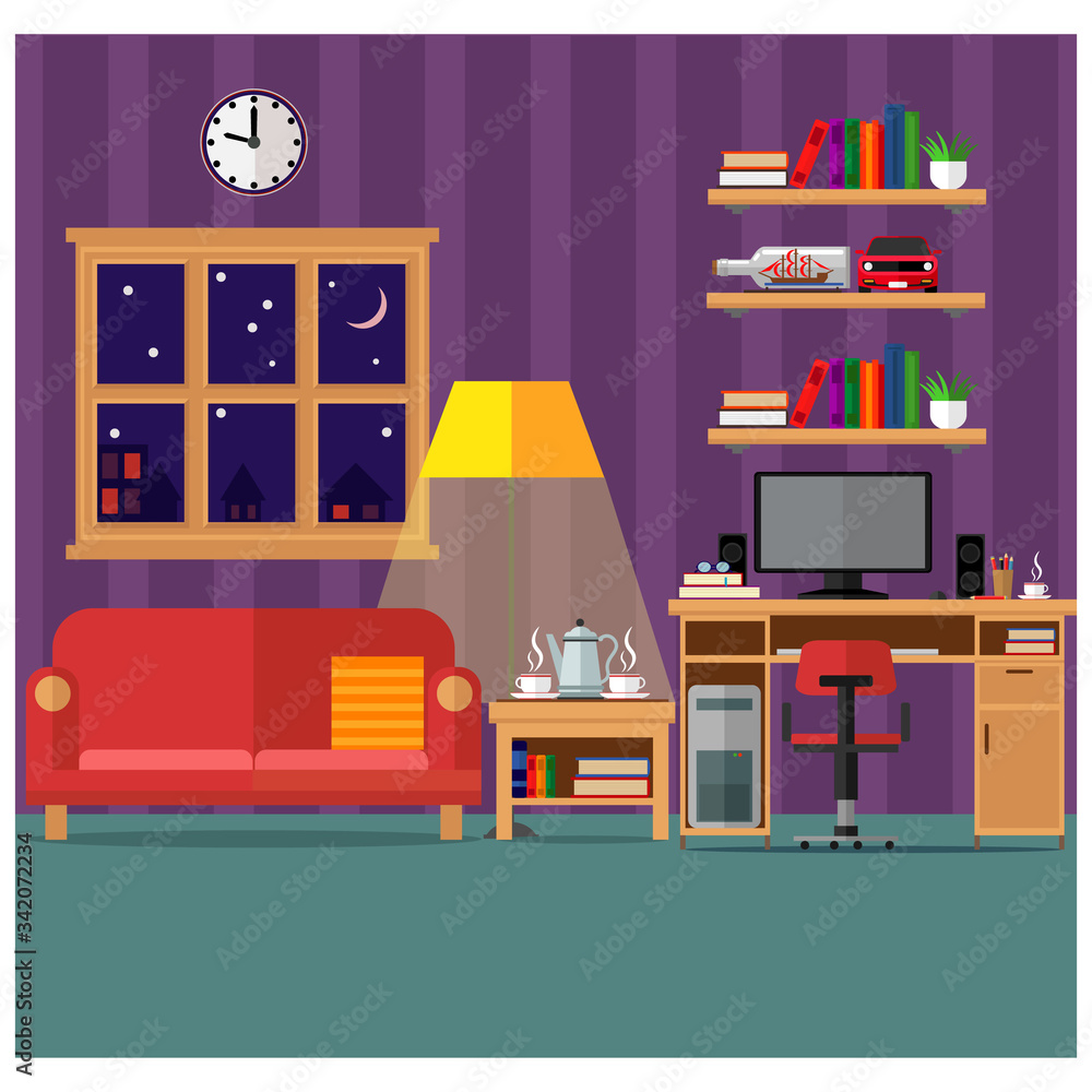 custom made wallpaper toronto digitalA cozy living room with a sofa, computer, books and a window. Stay home. Vector illustration.