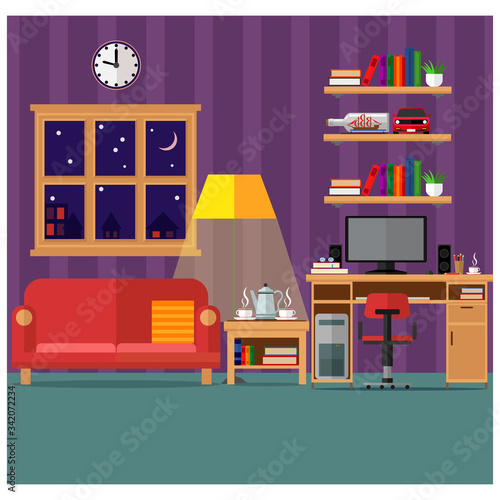 Wallpaper Mural A cozy living room with a sofa, computer, books and a window. Stay home. Vector illustration. Torontodigital.ca
