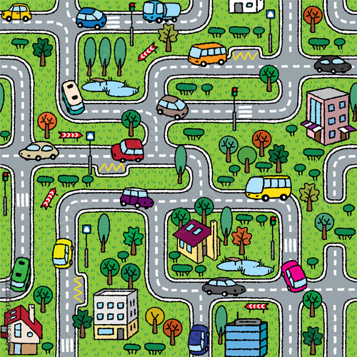 City seamless pattern. Roads, cars, grass areas background