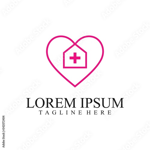 Love Home Logo Design. Stay at Home. Heart with House and Cross Shape Within, House with Heart symbol illustration isolated on white background.