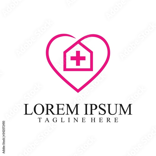 Love Home Logo Design. Stay at Home. Heart with House and Cross Shape Within, House with Heart symbol illustration isolated on white background.