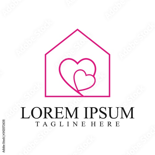Love Home Logo Design. Stay at Home. House with Love Shape Within, House with Heart symbol illustration isolated on white background.