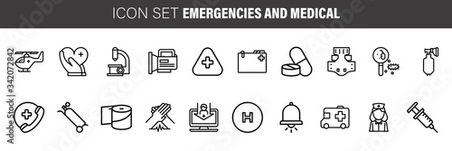 Emergency medical line icon set on theme coronovirus. Included icons as gas mask, lungs, blood test, ambulance, facemask, stethoscope, and more