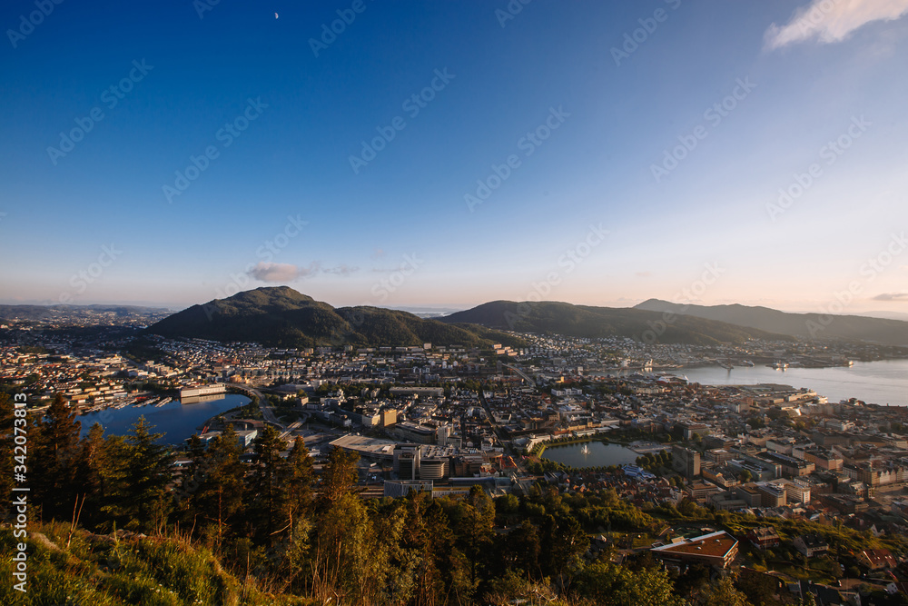 Norwegian city of Bergen from a bird's eye view at sunset