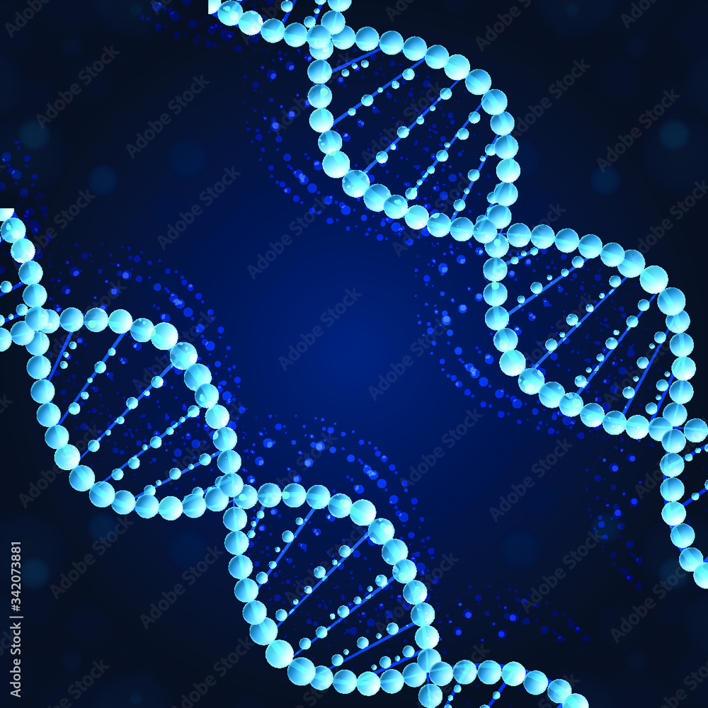 Abstract 3d polygonal wireframe DNA molecule helix spiral on blue