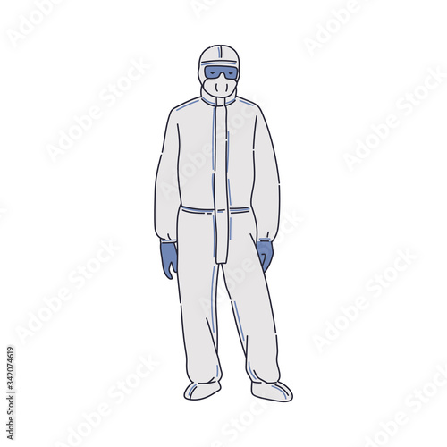 Man in chemical antiviral protective suit sketch vector illustration isolated.