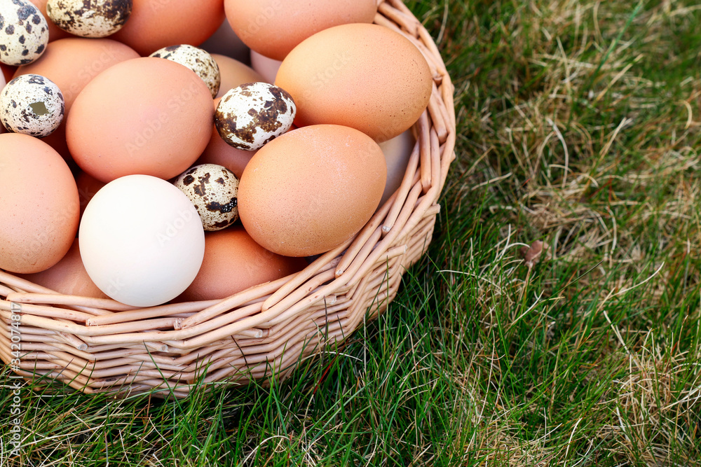 Wicker basket full of eggs decorated with spring flowers. Wicker basket full of eggs decorated with spring flowers.