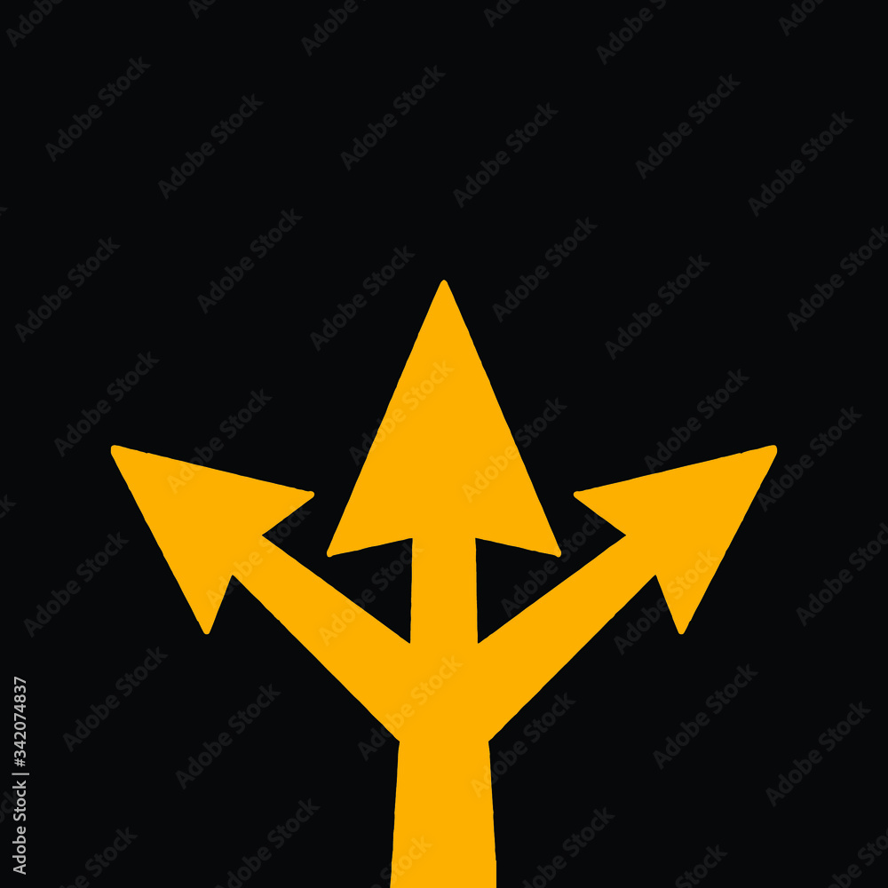 Three-way direction arrow sign, road direction icon on black background, vector illustration. Three-way direction arrow sign, road direction icon on black background, vector illustration.