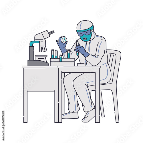Scientist microbiologist in antiviral costume sketch vector illustration isolated.