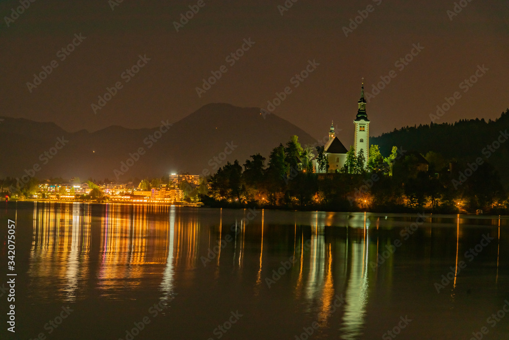 Fototapeta premium Panorama on Lake Bled in Slovenia at night