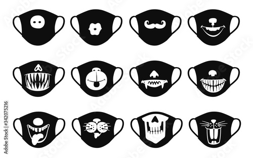Medical antiviral masks icons set with funny faces vector illustration isolated.