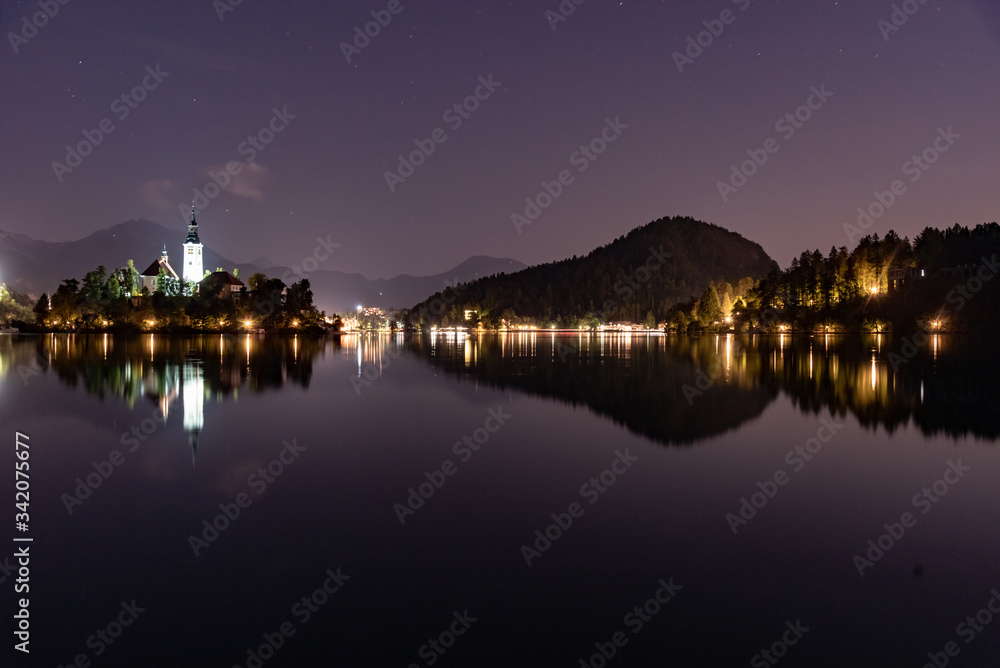 Panorama on Lake Bled in Slovenia at night