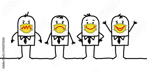 Cartoon people wearing yellow protection masks with emoticons mood signs