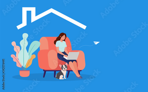 Young and smart businessman working at living spaces with dog. Study or work at home by internet and video conference are useful in the spread of coronavirus (covid-19) infection period.